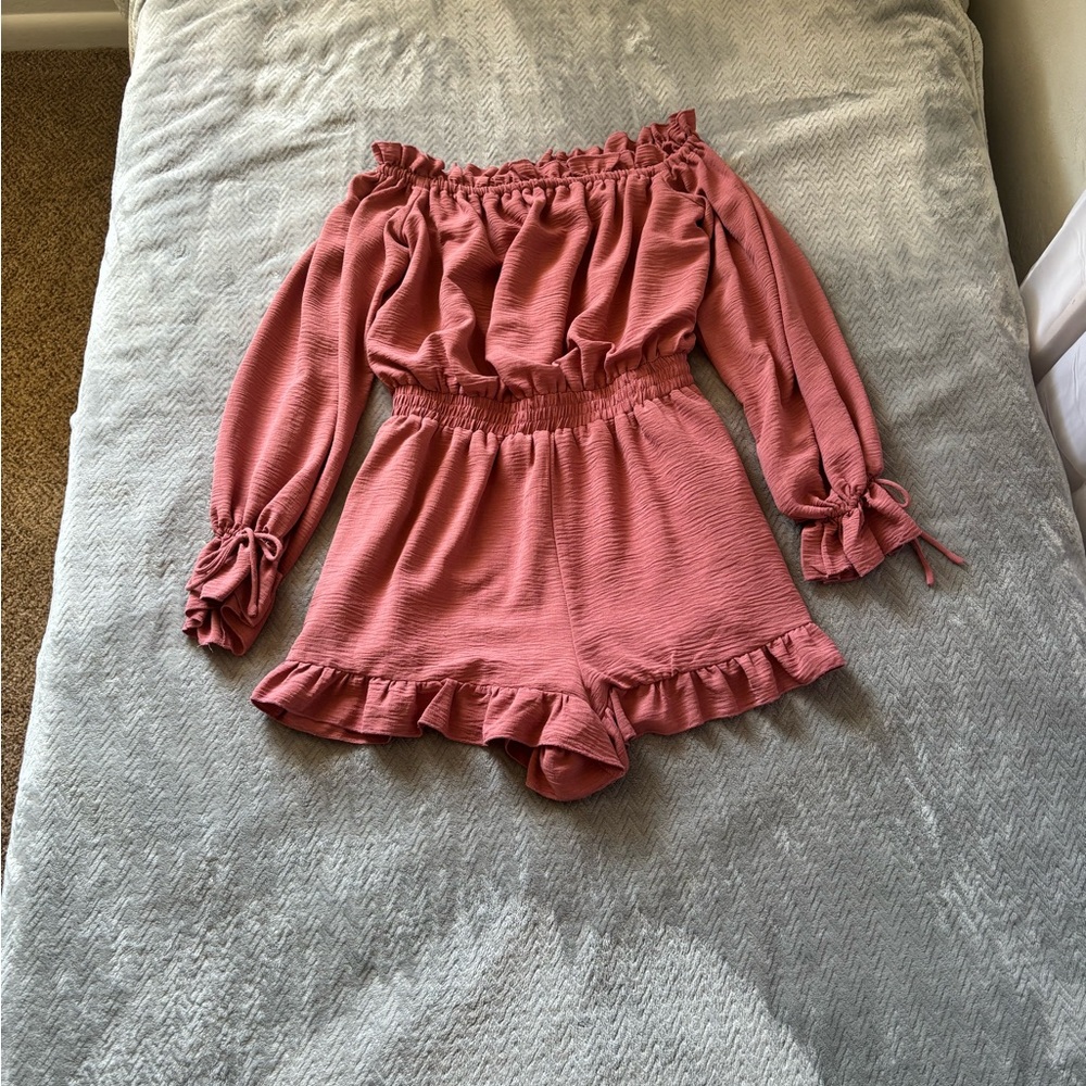 Free the Roses Dusty Rose Off-Shoulder Ruffle Romper
